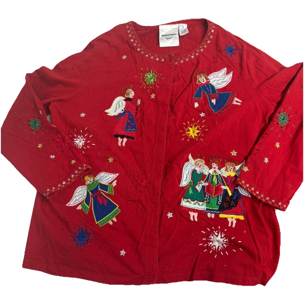Michael Simon Light Cardigan Christmas Embroidered Angels Size 0X 100% Cotton